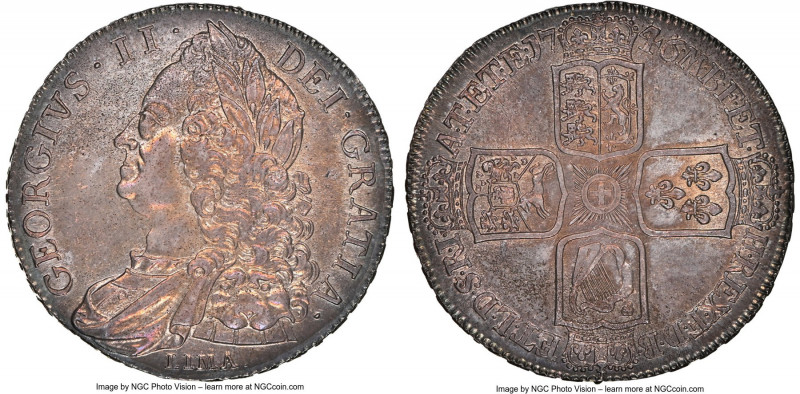 George II "Lima" Crown 1746 MS62 NGC, KM585.3, S-3689, ESC-1668. A positively re...