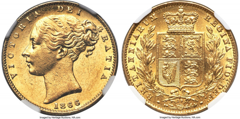 Victoria gold Sovereign 1866 MS63 NGC, KM736.2, S-3853. Endowed with a firm impr...