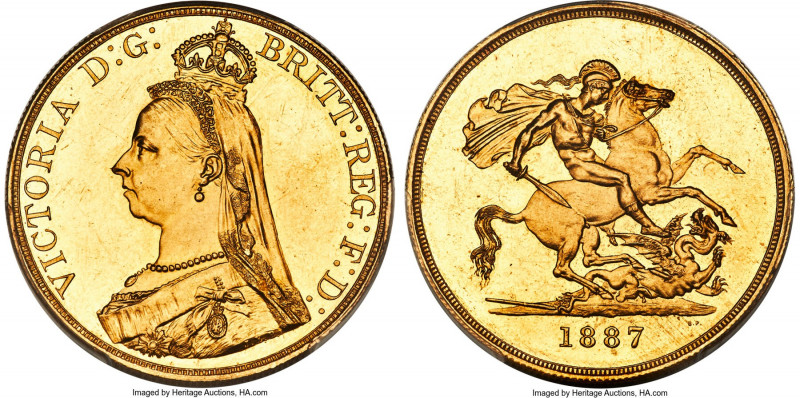 Victoria gold 5 Pounds 1887 MS63 PCGS, KM769, S-3864. Well struck from fresh die...