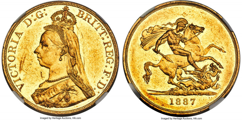 Victoria gold 5 Pounds 1887 MS60 Prooflike NGC, KM769, S-3864. An appreciable of...