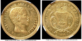 Republic gold 4 Pesos 1866-R AU58 NGC, KM187 (Rare), Fr-43. Mintage: 561. An exceedingly challenging issue owing to an original mintage numbering only...