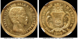Republic gold 4 Pesos 1868-R AU58 NGC, KM187, Fr-43. Mintage: 778. Lightly reflective in the fields despite modest ticks of handling and friction, the...