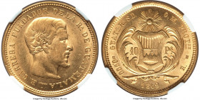 Republic gold 10 Pesos 1869-R MS62 NGC, KM193, Fr-40. Displaying full cartwheel brilliance over vibrant golden surfaces. From an original mintage numb...
