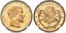 Republic gold 16 Pesos 1869-R AU58 NGC, KM188, Fr-39. Mintage: 3,465. Only a two-year type rarely locatable in Mint State, the fields containing a cle...