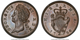 George II Proof 1/2 Penny 1736 PR65 Brown PCGS, KM125, S-6605. A full strike lends a complete and deep outline to George's detailed bust and lyre reve...