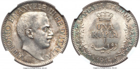 Italian Colony. Vittorio Emanuele III Rupia 1914-R MS64 NGC, Rome mint, KM6. Appealing in hand and benefitting from a sharp strike that yields strong ...