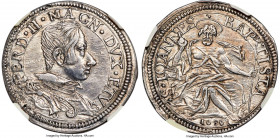 Florence. Ferdinand II de Medici Teston 1636 AU55 NGC, KM-Unl., CNI-XII-91. A scarce Teston type depicting St. John the Baptist to the reverse, border...