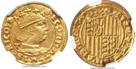 Naples & Sicily. Ferdinand I of Aragon (1458-1494) gold Ducat ND (1488-1494)-T MS63+ NGC, Naples mint, Fr-819, MIR-64/7. 3.50gm. FERRANDVS : D : G : R...