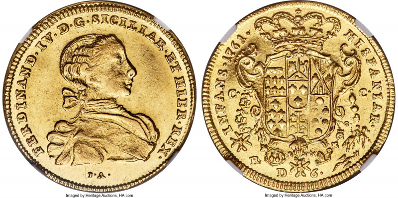 Naples & Sicily. Ferdinand IV gold 6 Ducati 1761 IA-CC-R MS61 NGC, KM167. Sun-go...