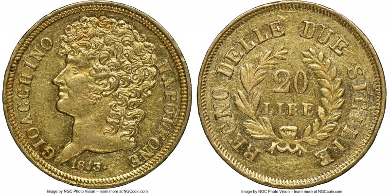 Naples & Sicily. Joachim Murat gold 20 Lire 1813 AU58 NGC, KM264, Fr-860. An eve...