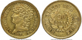 Naples & Sicily. Joachim Murat gold 20 Lire 1813 AU58 NGC, KM264, Fr-860. An ever-popular one-year type featuring the intricately-styled portrait of J...
