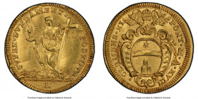 Papal States. Clement XI gold Scudo d'Oro Anno XVIII (1718) MS65 PCGS, Rome mint, KM771, Fr-206. An aesthetically refined example of this popular gold...