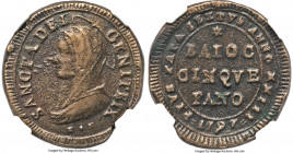 Papal States. Fano 5 Baiocchi Anno XXIII (1797) AU55 Brown NGC, KM2, B-3089. City Emergency Coinage Issue (Fano). A very scarce city issue, centrally ...