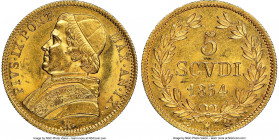Papal States. Pius IX gold 5 Scudi Anno IX (1854)-R MS63 NGC, Rome mint, KM1116, Pag-352. Of glowing Mint State quality, with vibrant, beaming surface...