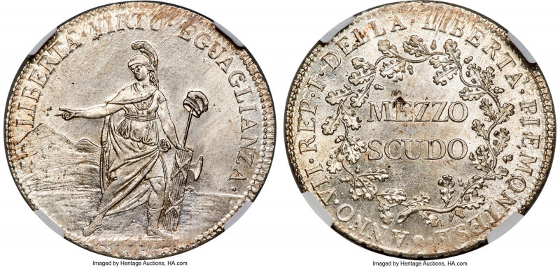 Piedmont. Republic 1/2 Scudo Anno VII (1798/1799) MS64 NGC, KM-C2, Pag-1. Positi...