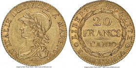 Piedmont. Subalpine Republic gold 20 Francs L'An 10 (1801/1802) AU55 NGC, Turin mint, KM-C5. Struck in commemoration of Napoleon's victory at the batt...