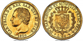Sardinia. Carlo Felice gold 80 Lire 1826 (Eagle)-L MS61 NGC, Turin mint, KM123.1, Fr-1132. Bright and sunny, with radiant golden luster decorating sur...