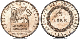 Venice. Revolutionary 5 Lire 1848 MS64+ NGC, Venice mint, KM803, Dav-208. Mintage: 6,011. A soundly struck example displaying satin luster that emits ...