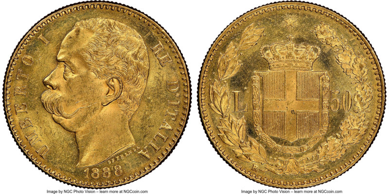 Umberto I gold 50 Lire 1888-R MS63 NGC, Rome mint, KM25. Only the second example...