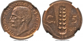 Vittorio Emanuele III bronze Prova 5 Centesimi 1919-R PR64 Red and Brown NGC, Rome mint, KM-Pr25. With "Prova" in lower left reverse field. Gleaming a...