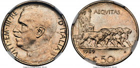 Vittorio Emanuele III 50 Centesimi 1929-R MS67 NGC, Rome mint, KM61.2, Mont-251 (R3), Pag-811. A fleeting rarity of which only 50 pieces were struck i...