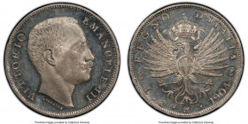 Vittorio Emanuele III Lira 1905-R MS64 Prooflike PCGS, Rome mint, KM32. The key date for this fleeting series, boasting the lowest mintage until the o...
