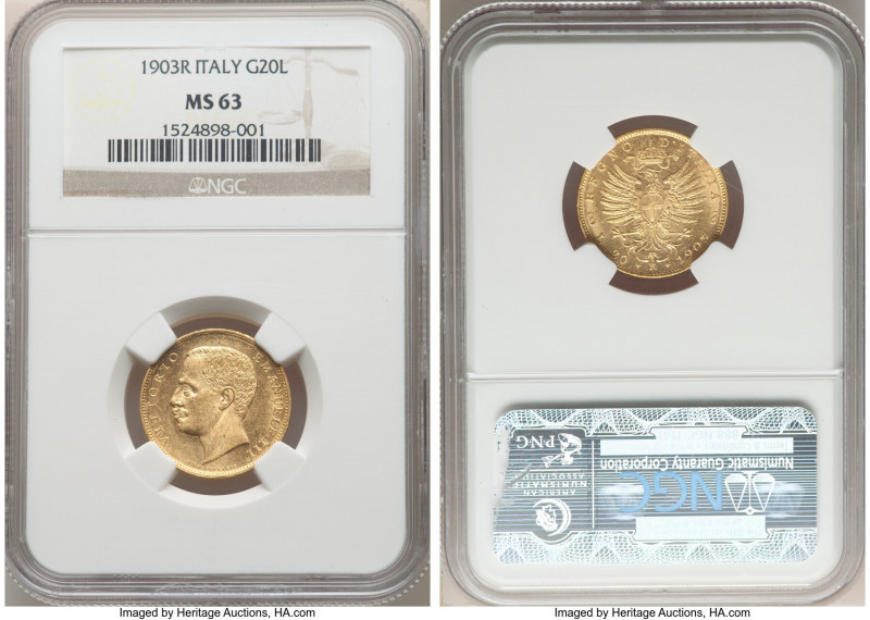 Vittorio Emanuele III gold 20 Lire 1903-R MS63 NGC, Rome mint, KM37.1, Fr-24. On...