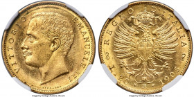 Vittorio Emanuele III gold 20 Lire 1905-R MS63+ NGC, Rome mint, KM37.1, Fr-24, Pag-664. Mintage: 8,715. An eye-appealing selection of this fleeting is...