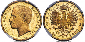 Vittorio Emanuele III gold 20 Lire 1905-R MS63 NGC, Rome mint, KM37.1, Fr-24. Mintage: 8,715. Alluringly frosted over Vittorio Emanuele's portrait, pr...