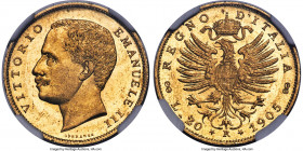 Vittorio Emanuele III gold 20 Lire 1905-R MS63 NGC, Rome mint, KM37.1, Fr-24. Mintage: 8,715. Graced with flashy luster and a hint of reflectivity in ...
