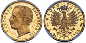 Vittorio Emanuele III gold 20 Lire 1905-R MS62+ NGC, Rome mint, KM37.1, Fr-24. Mintage: 8,715. Possessing fluid golden luster with a hint of iridescen...