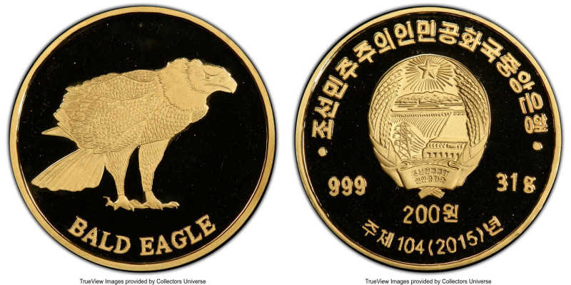 North Korea. People's Republic gold Proof "Bald Eagle" 200 Won 2015 PR70 Deep Ca...