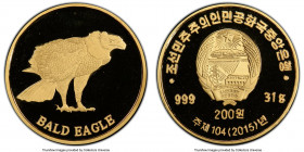 North Korea. People's Republic gold Proof "Bald Eagle" 200 Won 2015 PR70 Deep Cameo PCGS, KM-Unl. Mintage: 500. A flawless presentation boasting depth...
