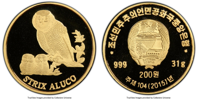 North Korea. People's Republic gold Proof "Tawny Owl" 200 Won 2015 PR69 Deep Cam...