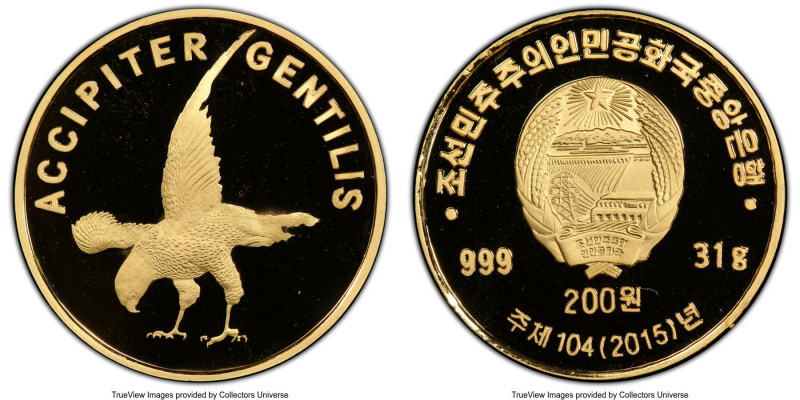 North Korea. People's Republic gold Proof "Northern Goshawk" 200 Won 2015 PR69 D...
