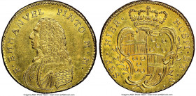 Emmanuel Pinto gold 4 Zecchini ND (1741-1773) AU58+ NGC, KM237, Fr-31a. 13.79gm. A seldom-seen type, presenting the portrait of the Portuguese noblema...