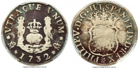 Philip V "Milled" Real 1732-Mo Fine Details (Environmental Damage) PCGS, Mexico City mint, KM75.1, Cal-503, Yonaka-M1-32 (R). The elusive no assayer o...