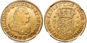 Philip V gold 4 Escudos 1739 Mo-MF XF40 NGC, Mexico City mint, KM135. From a scarce issue, displaying antiqued golden coloration and a strong peripher...
