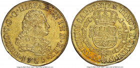 Philip V gold 8 Escudos 1739 Mo-MF AU58 NGC, Mexico City mint, KM148, Onza-435. A seldom-seen date, sharply struck and presenting gracious semi-Proofl...