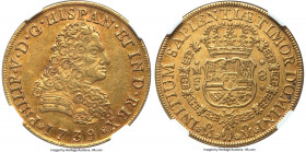 Philip V gold 8 Escudos 1739 Mo-MF AU53 NGC, Mexico City mint, KM148, Onza-435. A scarcer date of the type, bearing a bold strike, mildly handled devi...