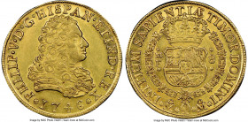 Philip V gold 8 Escudos 1746 Mo-MF AU58 NGC, Mexico City mint, KM148, Fr-8. An eye-catching piece, weaving lustrous and sharply struck devices, softly...