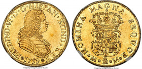Ferdinand VI gold 4 Escudos 1759 Mo-MM AU55 NGC, Mexico City mint, KM139, Fr-34. A three-year type rare in any grade and featuring the final variation...