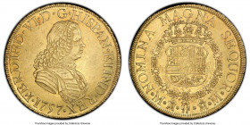 Ferdinand VI gold 8 Escudos 1757 Mo-MM AU55 PCGS, Mexico City mint, KM152. Semi-Prooflike finish in the peripheries where luster still sheens out of t...