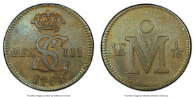 Charles III brass Specimen Pattern 1/16 Real (2 Maravedis) 1768-Mo AU Details (Cleaned) PCGS, Mexico City mint, KM-PnA1, Guttag-Unl., Cal-10. Very lik...