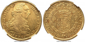 Charles III gold 8 Escudos 1774 Mo-FM AU58 NGC, Mexico City mint, KM156.2. A sharply struck piece, the second-finest grade certified by either NGC or ...