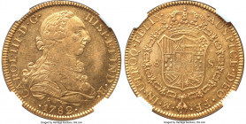 Charles III gold 8 Escudos 1782 Mo-FF MS61 NGC, Mexico City mint, KM156.2, Fr-33, Onza-777. Semi-Prooflike peripheries, bearing highly reflective fiel...