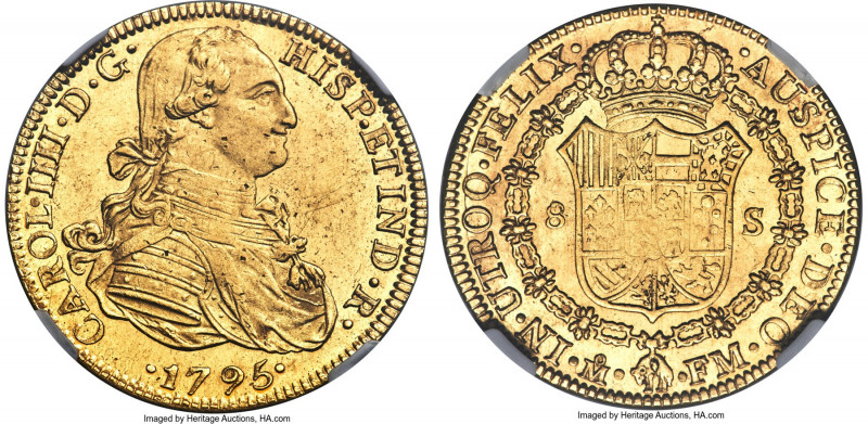 Charles IV gold 8 Escudos 1795 Mo-FM MS62 NGC, Mexico City mint, KM159. A flashy...