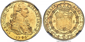 Charles IV gold 8 Escudos 1795 Mo-FM MS62 NGC, Mexico City mint, KM159. A flashy offering, presenting the usual softly struck shield, boasting lustrou...