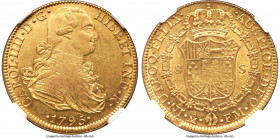 Charles IV gold 8 Escudos 1795 Mo-FM AU58 NGC, Mexico City mint, KM159. Glossy golden surfaces, scintillating over the chiseled reliefs. Graded at the...