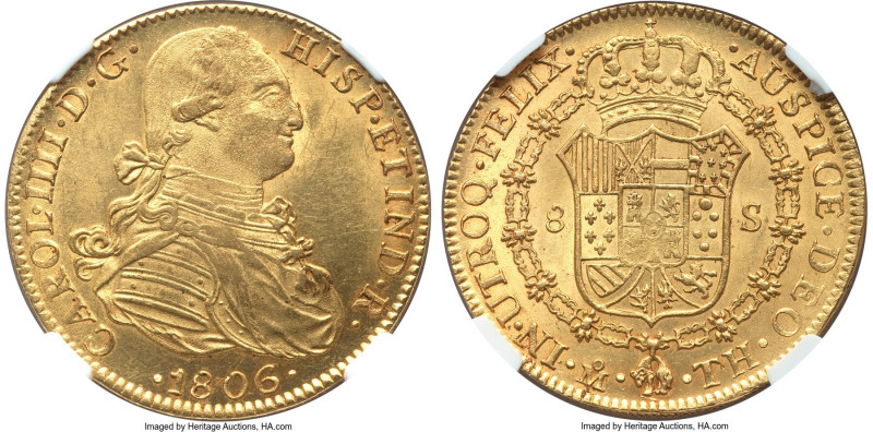 Charles IV gold 8 Escudos 1806 Mo-TH MS62+ NGC, Mexico City mint, KM159. Flashy ...